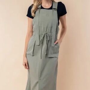1011. Sage Green Overalls Dress with Pockets